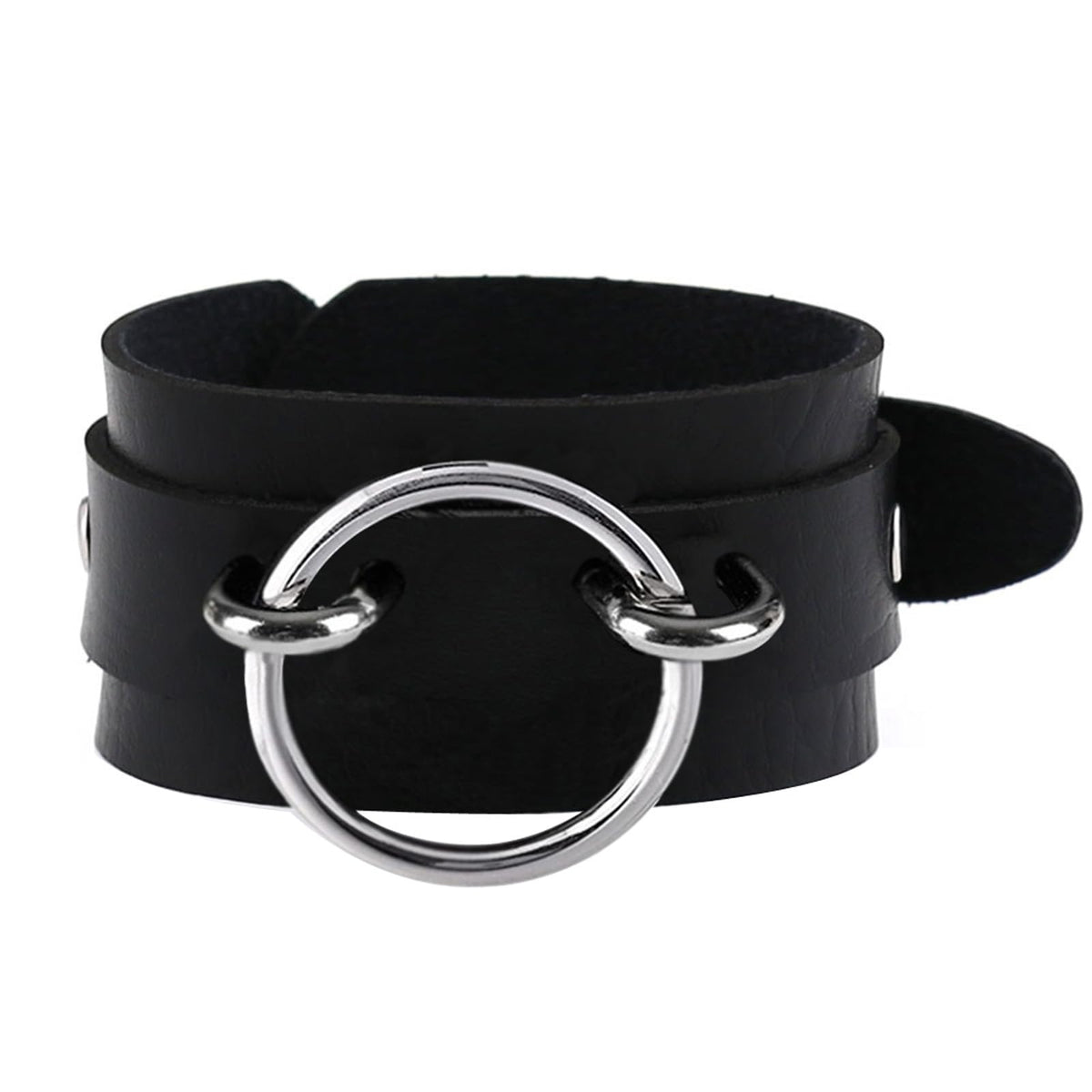 Tosmifairy Black Wide Soft Faux Leather Collar Choker Adjustable Thick PU Necklace and Bracelets Set for Women Men,Circle Ring Charm (Adjusted Neck: 17-21 Inches)