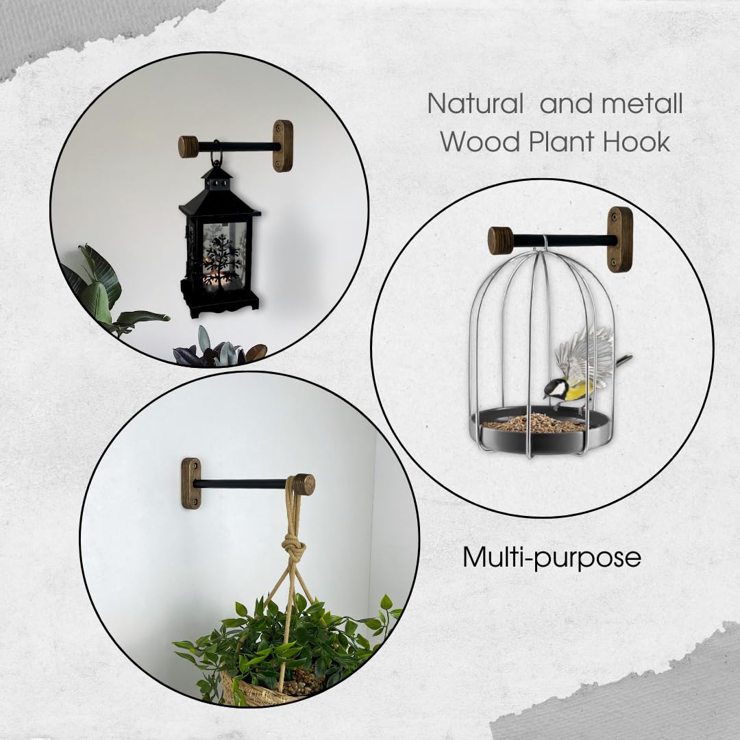 EvenWood 2-Piece Set of Wooden Plant Hooks for Wall with Sturdy Metal Tube - Plant Wall Hanger for Pots, Flower Brackets - Bracket Plant Hanger for Indoor and Outdoor Decorations (Walnut, 8 Inch)