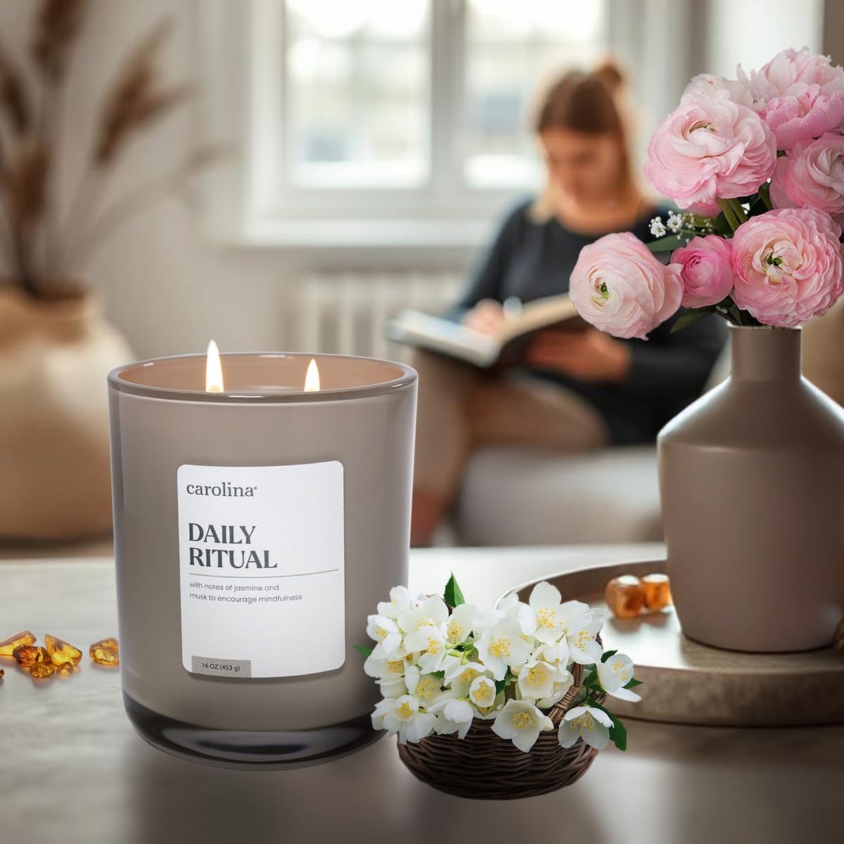 Carolina Daily Ritual Scented Candle, 16 oz Musk & Jasmine Scented, 2 Wick Wellness Relaxing Candle, 60H Burn Time, Ideal for Creating a Welcoming Home - Made in The USA
