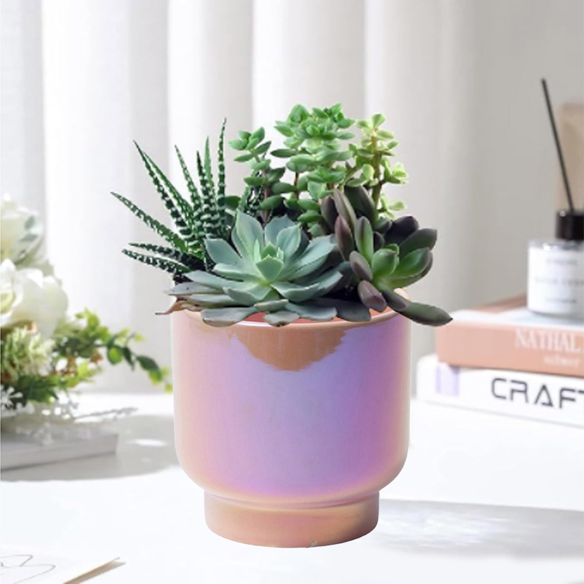 LB Pink Purple Ceramic Planters for Indoor Plants, Succulent Plant Pots Ceramic Plant Pot, Cute Flower Pots for Living Room Office Home Decor, Round Flower Pot of 4.3 Inch(Plant Not Included)