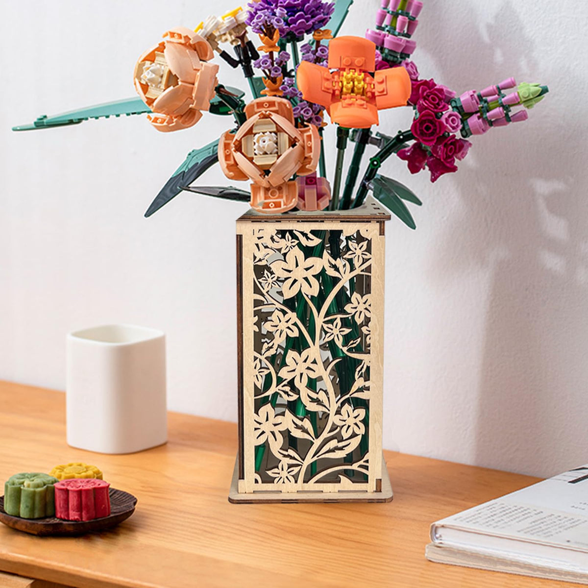 Wooden Vase for Lego Flowers, Display Stand for Lego Flower, Cool Artistic Carving Vase with Hollow Flower Pattern for Flower Lovers (Wood)