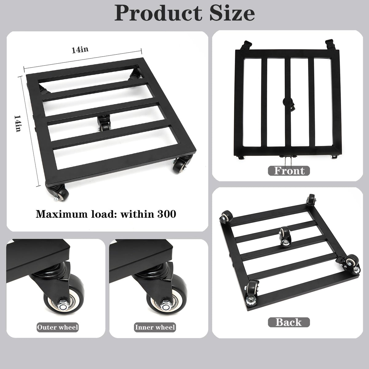 Goooxim 14 Inch Plant Dolly with Wheels - Heavy Duty Steel Caddy for Indoor & Outdoor Pots, 360° Rotating Rollers, Detachable Handle, High Capacity for Easy Mobility & Stability
