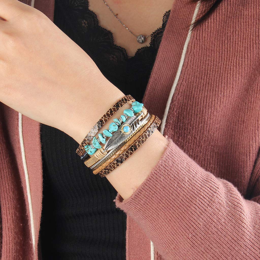GelConnie Womens Leather Wrap Bracelet Boho Leather Cuff Bracelet Feather Turquoise Multi Layer Leather Bracelet Cuff Bangle Jewelry Bohemian Bracelet for Women Mother Wife