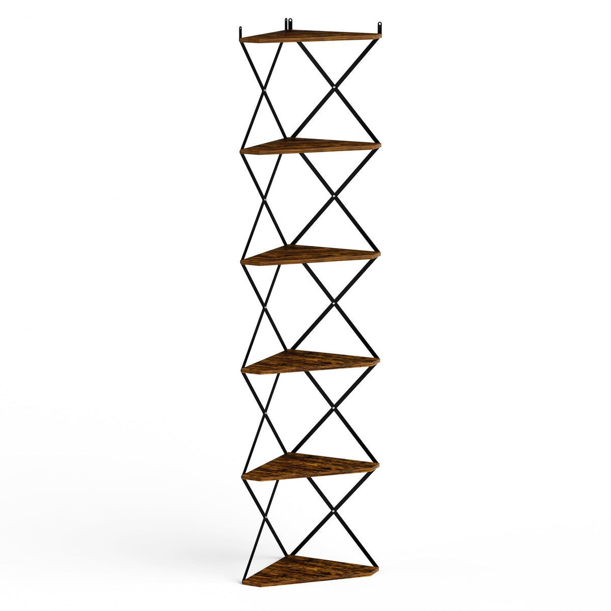 IRCPEN 6 Tier Wall Mounted Corner Shelf Stand, Industrial Corner Bookshelf with X Metal Frame, Tall Standing Shelf Organizer, Bookcase, Plant Stand for Living Room, Bedroom Rustic Brown CS-006RB
