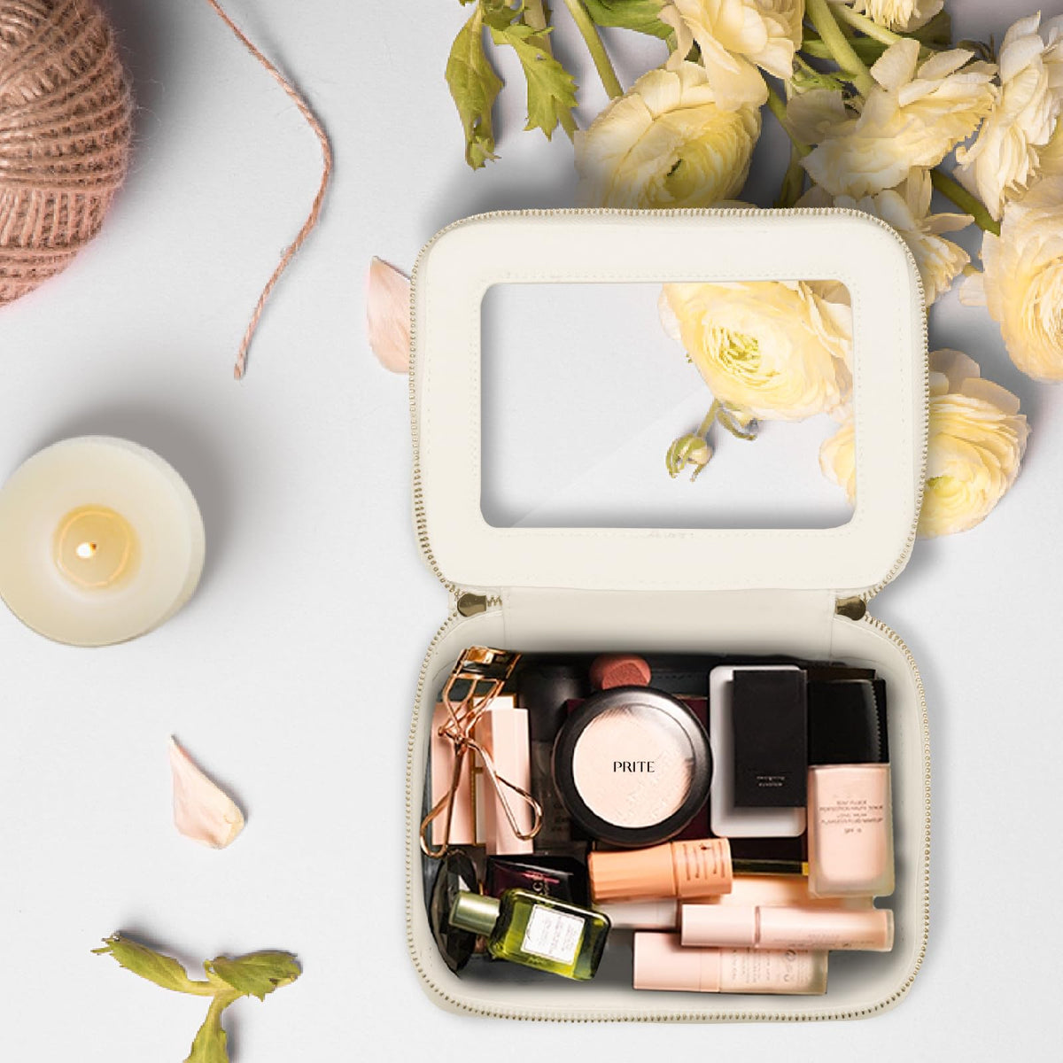 Prite Clear Makeup Bag Cosmetic Organizer Case Waterproof Travel Toiletry Bag Skincare Pouch with Golden Zipper(Beige)