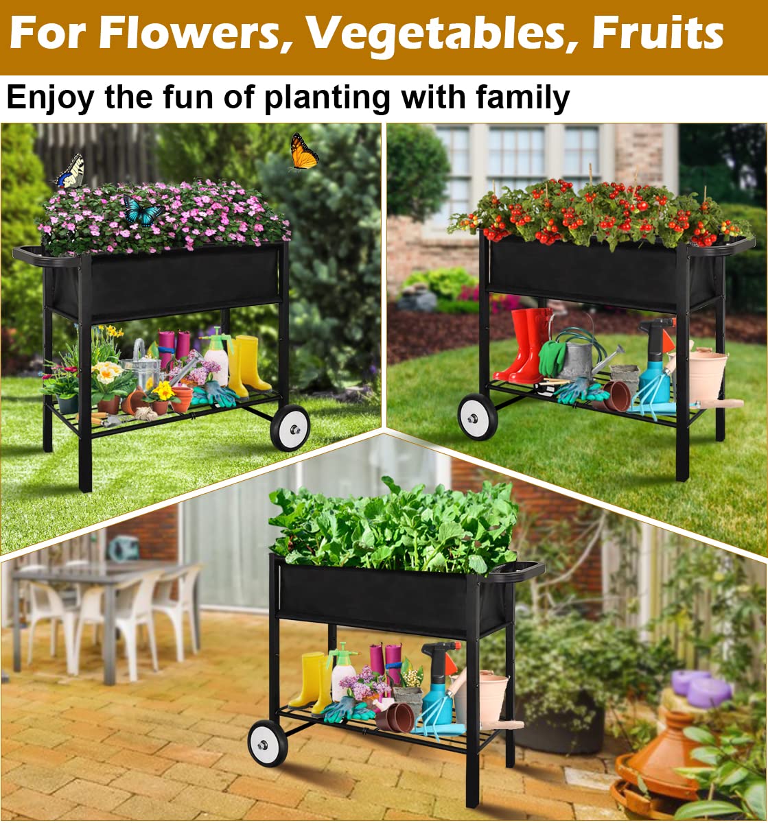 Koutemie Outdoor Raised Planter Bed Box with Legs for Gardening, Elevated DIY Garden Cart on Wheels for Vegetables Flower Tomato Herb Plant, Black