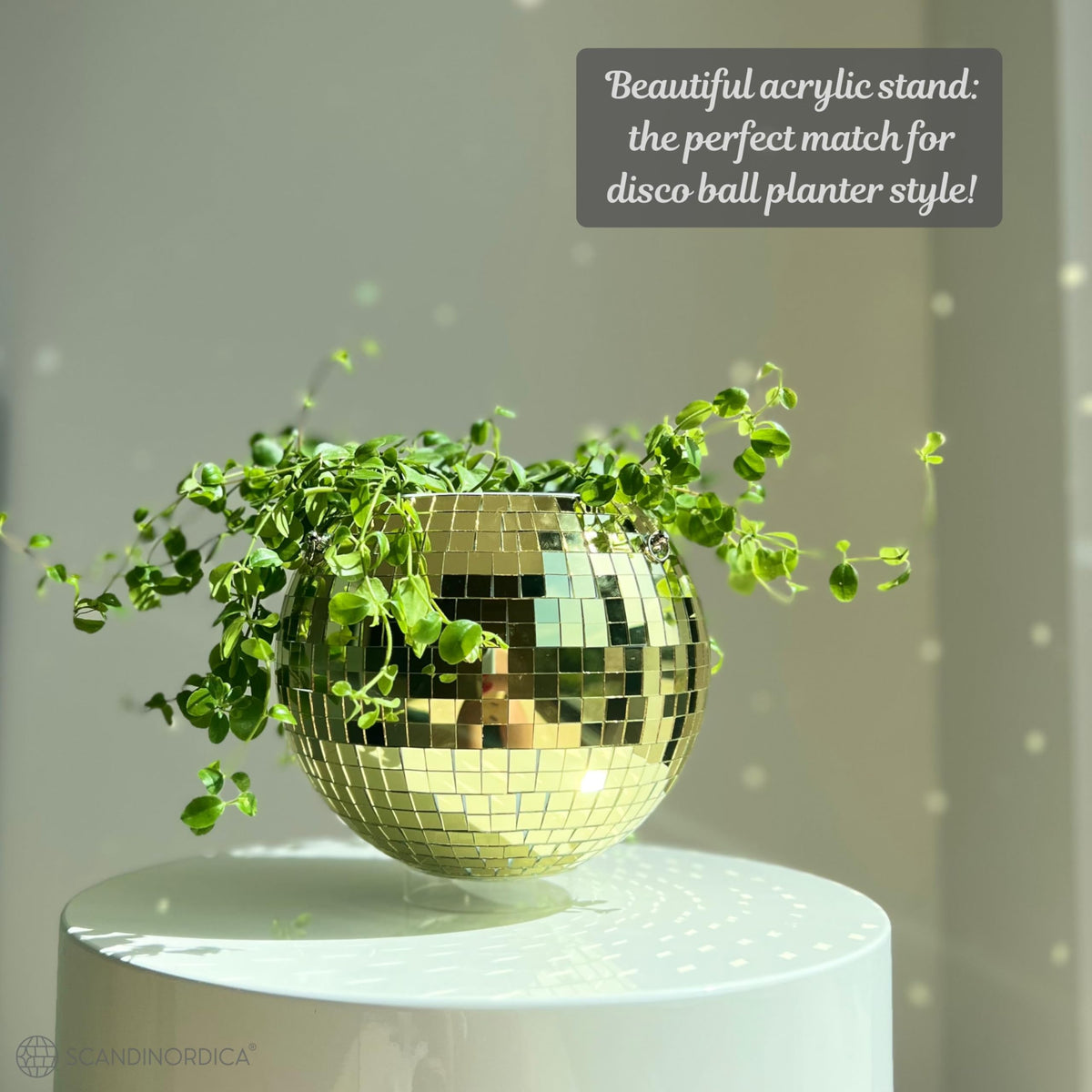 SCANDINORDICA Disco Ball Planter – Disco Ball Plant Hanger, Mirror Disco Planter with Chain, Macrame Hanger, Acrylic Stand and Insert Pot, Hanging Planter | Disco Ball Decor – 20 cm (8“) Gold