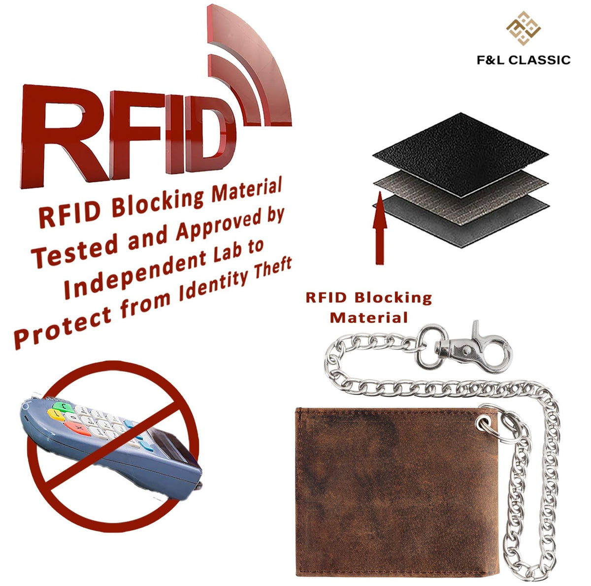 F&L CLASSIC RFID Blocking Mens bi-fold Style Cowhide Leather Steel Chain Wallet, brown vintage leather