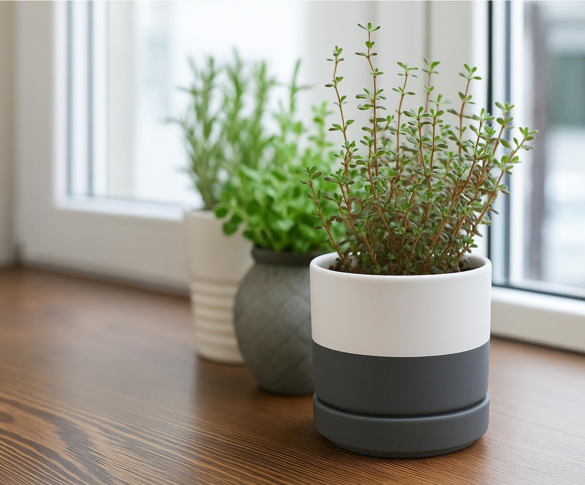 D'vine Dev Set of 4 Small Ceramic Plant Pots, 4.7 Inch Succulent Planter Pot for Plants with Drainage Hole and Saucer, White/Speckled Grey, 94-X-B-6