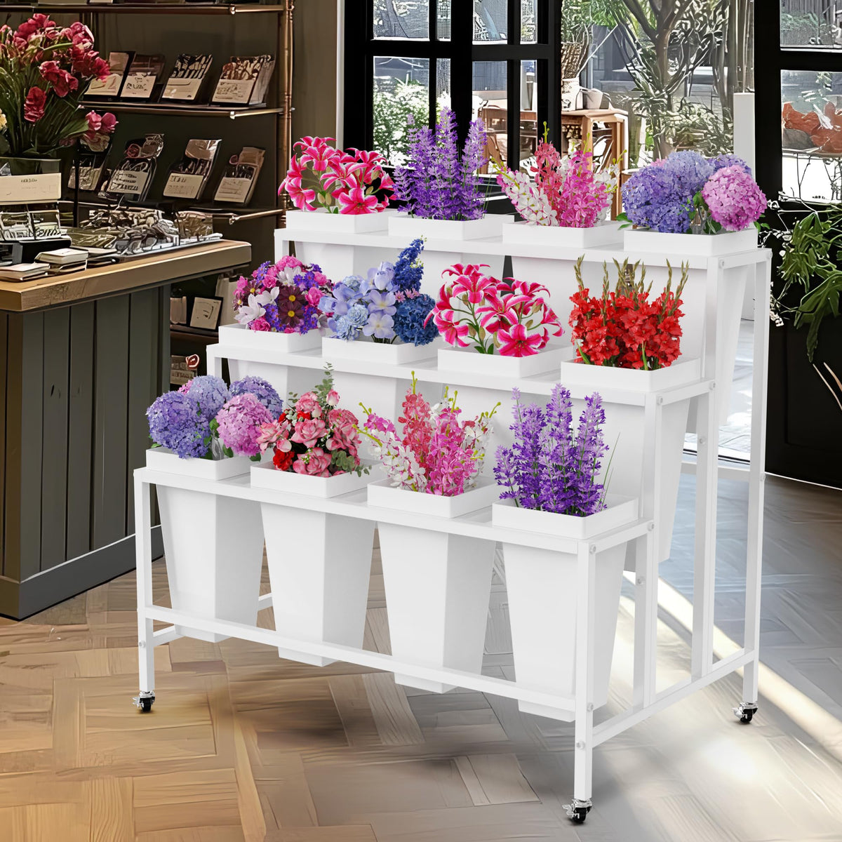 Putros Flower Display Stand with 12 Buckets White 3 Layers Metal Floral Cart with Wheels Moving Florist Bouquet Bar Plant Shelf for Indoor Outdoor Patio Garden Party Decor