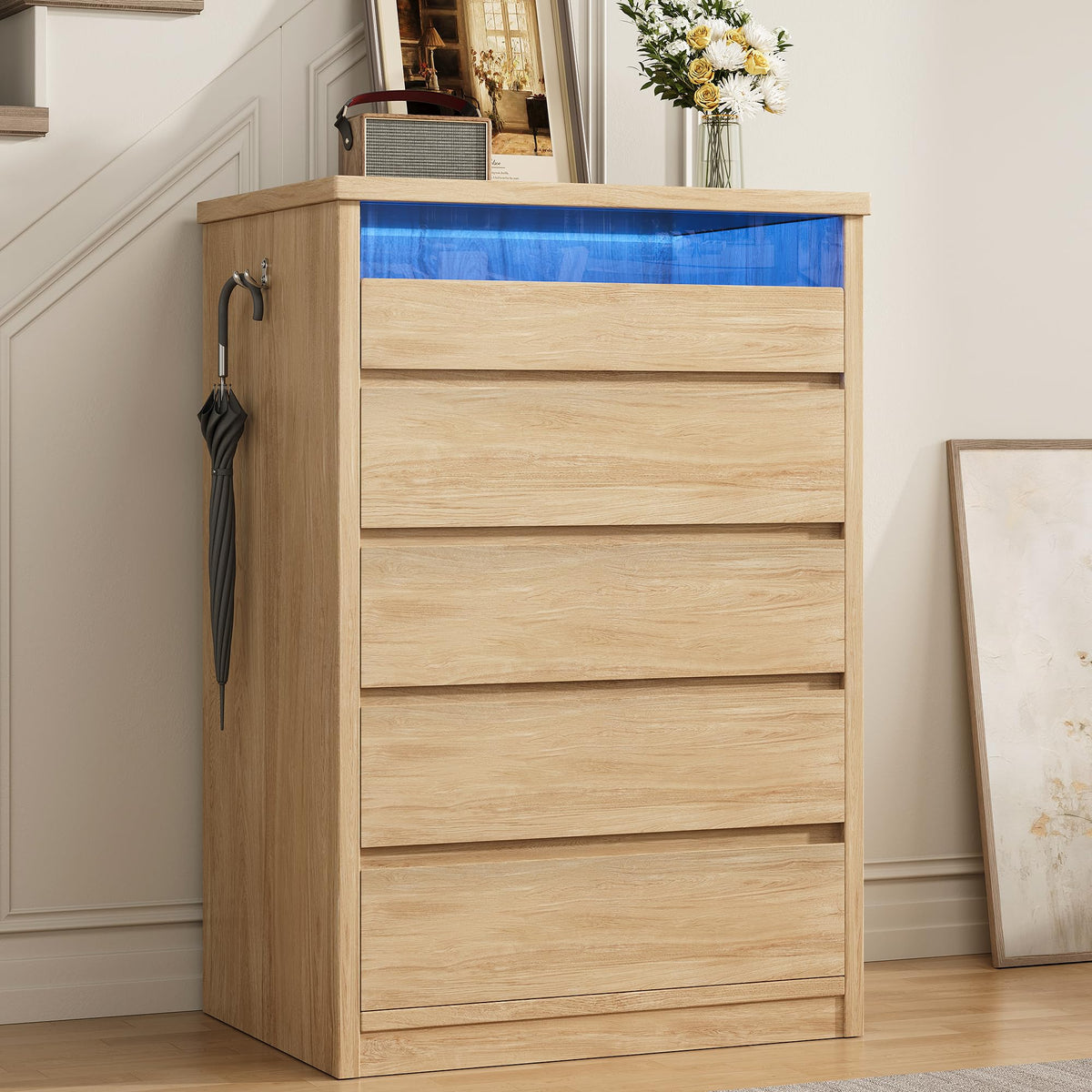 Jocoevol 5 Drawer Dresser for Bedroom with LED Light, Modern Chest of Drawers with Hidden Handles, Tall Wooden Dresser Closet for Living Room, Entryway, Hallway - Oak