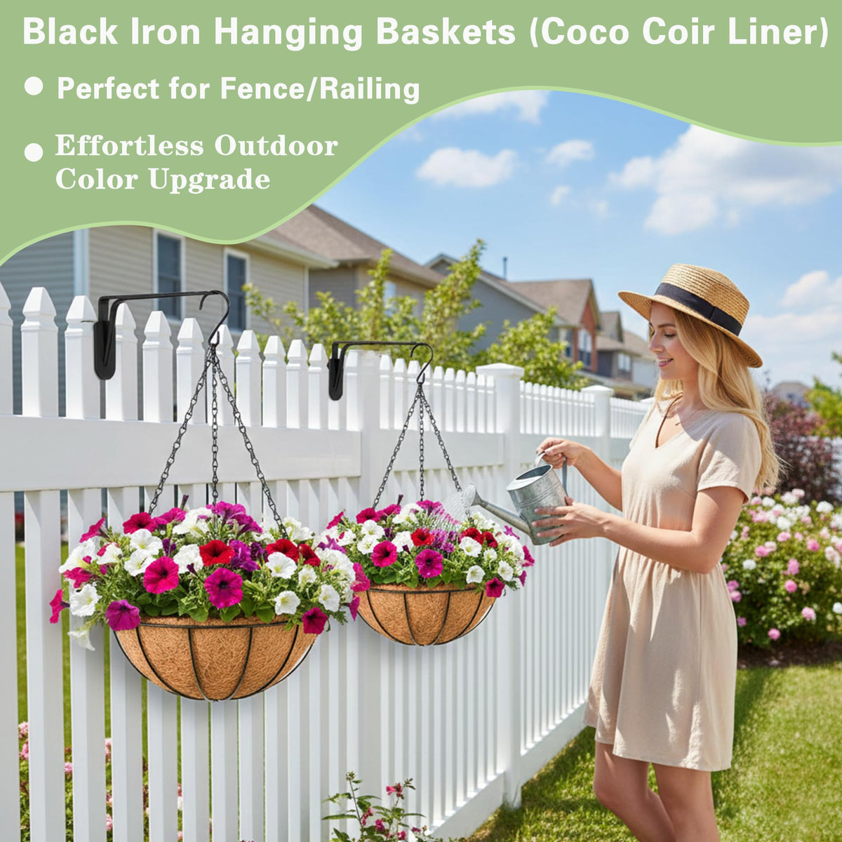 EIMQUVW Outdoor Metal Hanging Planters Basket (4pack, 12 inch) Hanging Baskets for Plants Chain Round Wire Plant Holder with Coco Fiber Liners for Garden, Patio, Deck, Porch