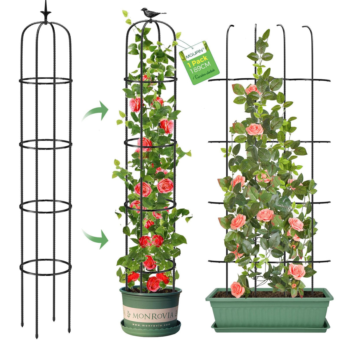 Tower Obelisk Garden Trellis for Climbing Plant,6.2FT/74.4" Rustproof Metal Potted Plant Climbing Support for Indoor Outdoor Flowers Vegetable Fruits Vines Support (1pcs)