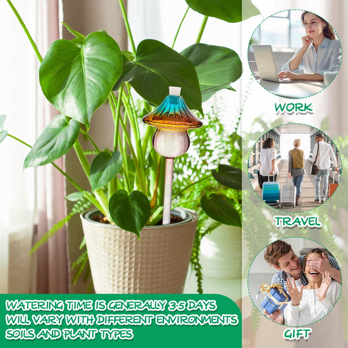 Plant Watering Globes Mushroom, Rainbow Gradient Color Glass Watering Bulbs, Self Watering Planter Insert, Self Watering Globes - Plant Watering Devices for Travel Vacation (4 PCS)