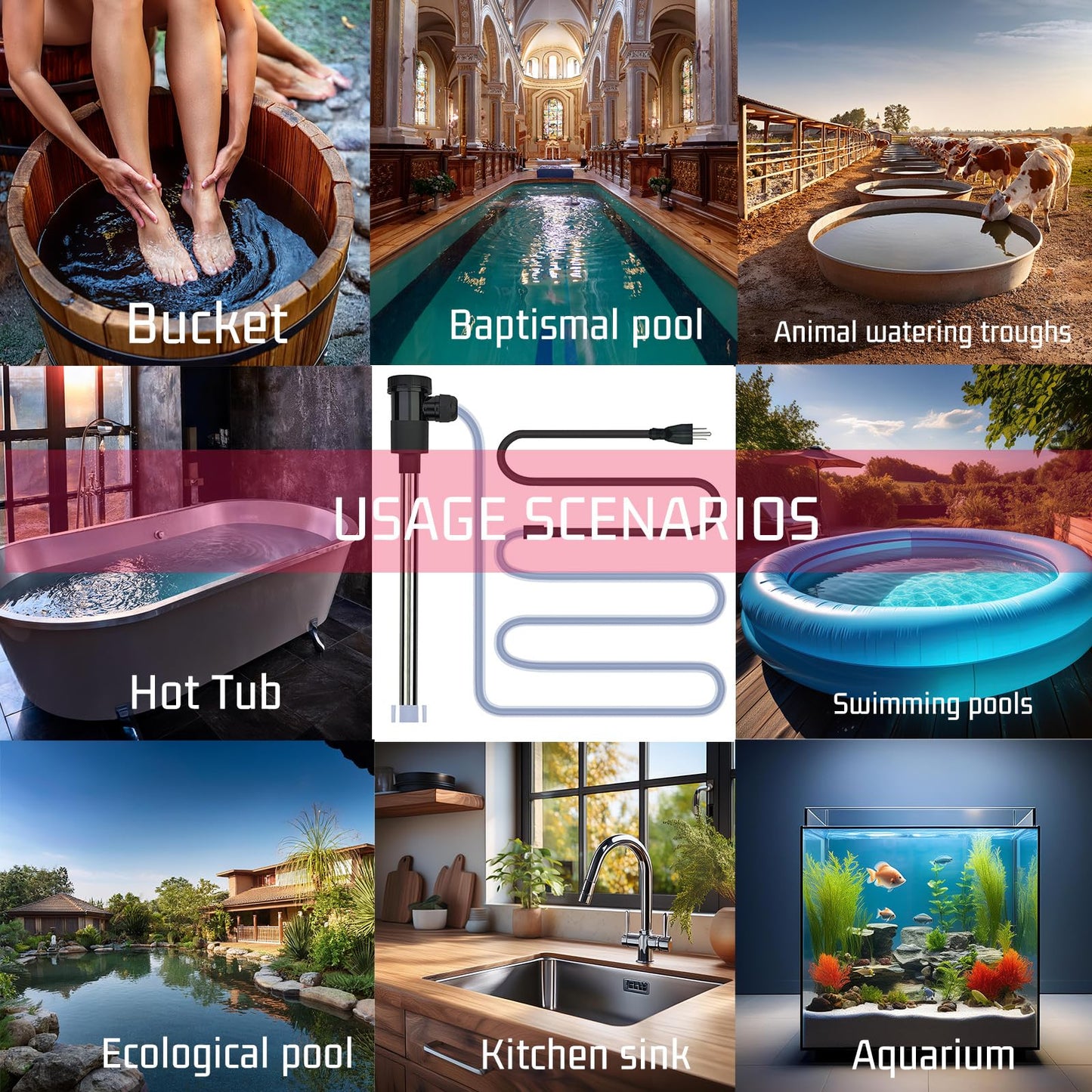 YLboyLIAN 2000W Immersion Water Heater for Pool & Hot Tub – Portable Electric Submersible Heater with Temp Control, Auto Shut-Off and WiFi Timer for Above Ground Pool, Bathtub, and Baptismal pool