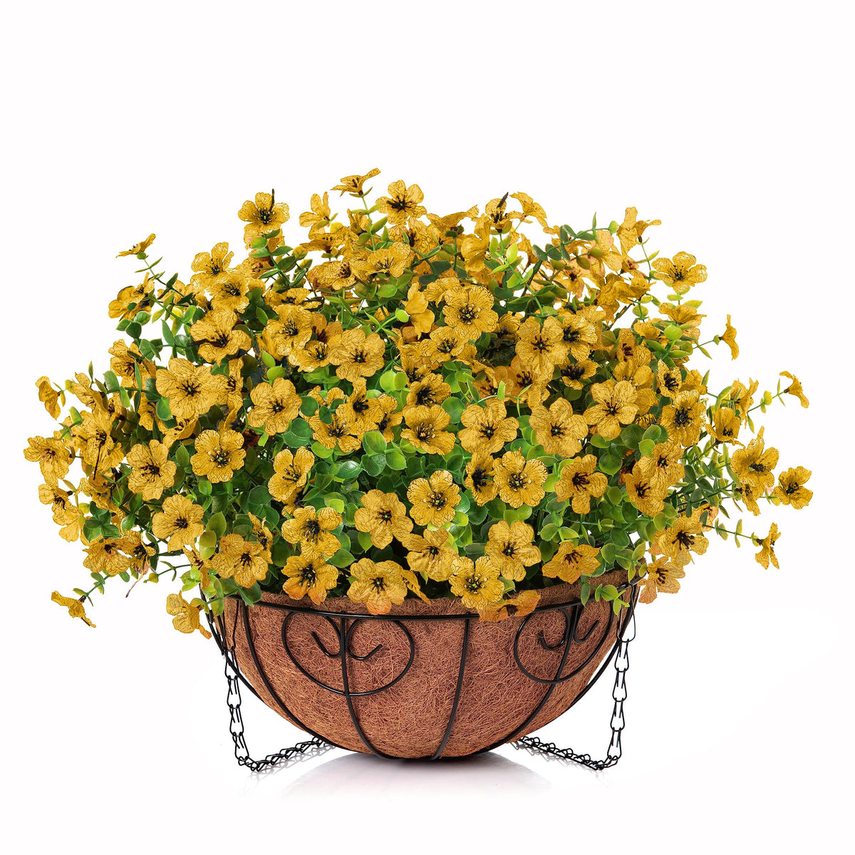 HyeFlora Artificial Fake Fall Hanging Mums Plants Flowers Basket for Outdoor, Autumn Faux Silk Yellow Daisy in Hang Planter Look Real UV Resistant for Porch Home Patio Balcony Yard Decor