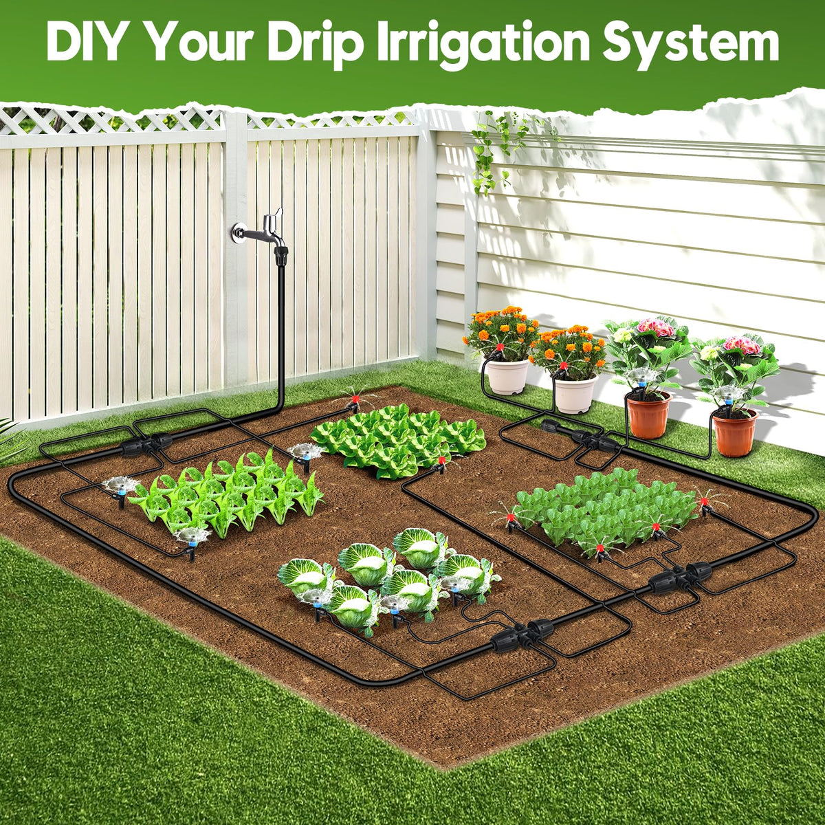 110FT Drip Irrigation System for Garden, Quick-Connect Automatic Garden Watering System with 1/2" & 1/4" Tubing and Accessories - Adjustable Sprinklers Kit for Greenhouse, Yard, Lawn, Raised Bed