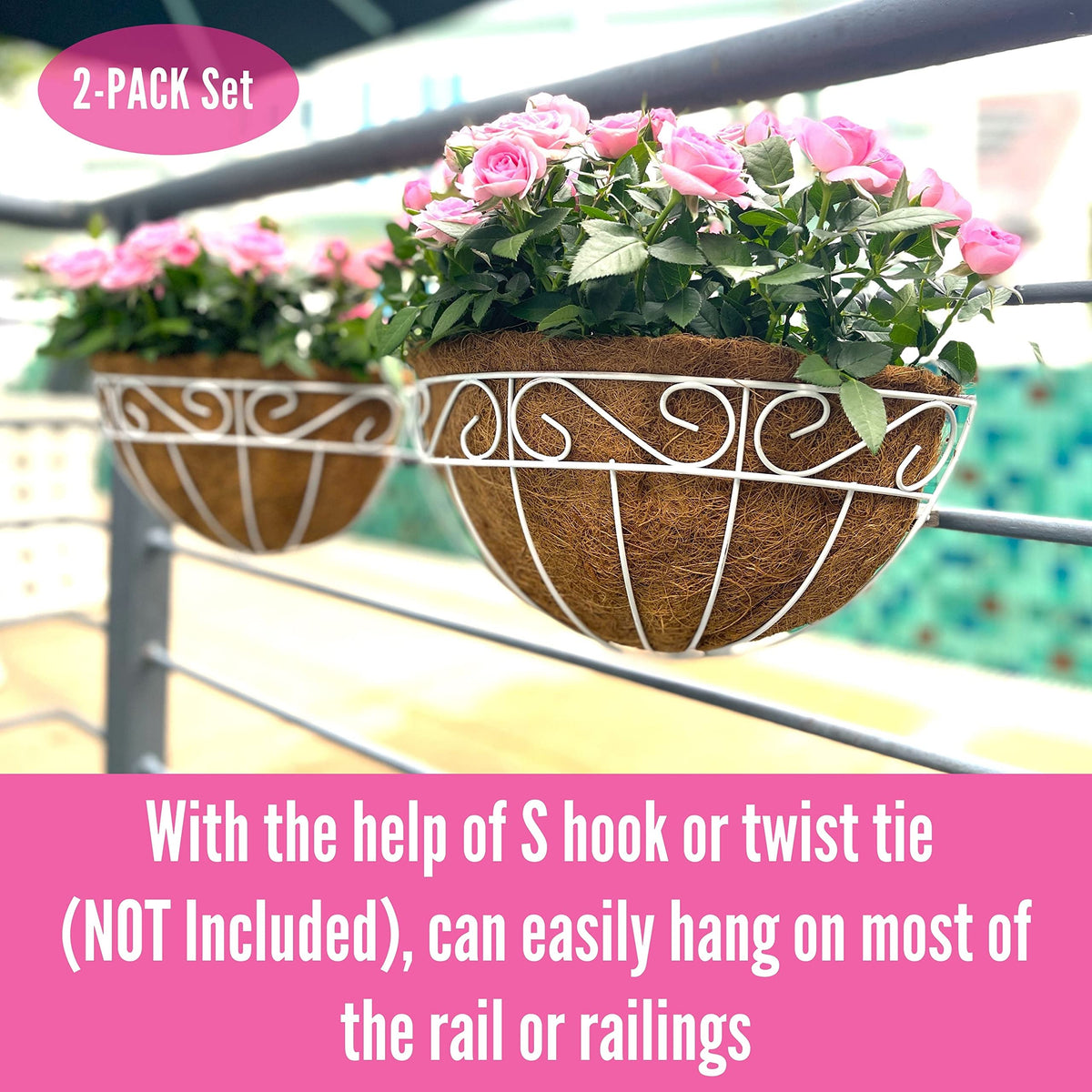LaLaGreen Wall Mounted Flower Baskets (2 Pack, 12 Inch) Wall Hanging Planter with Coco Liner for Outdoor Plants, White Metal Wire Elegant Herb Pots Holder Fence Railing Deck Porch Balcony Garden Patio