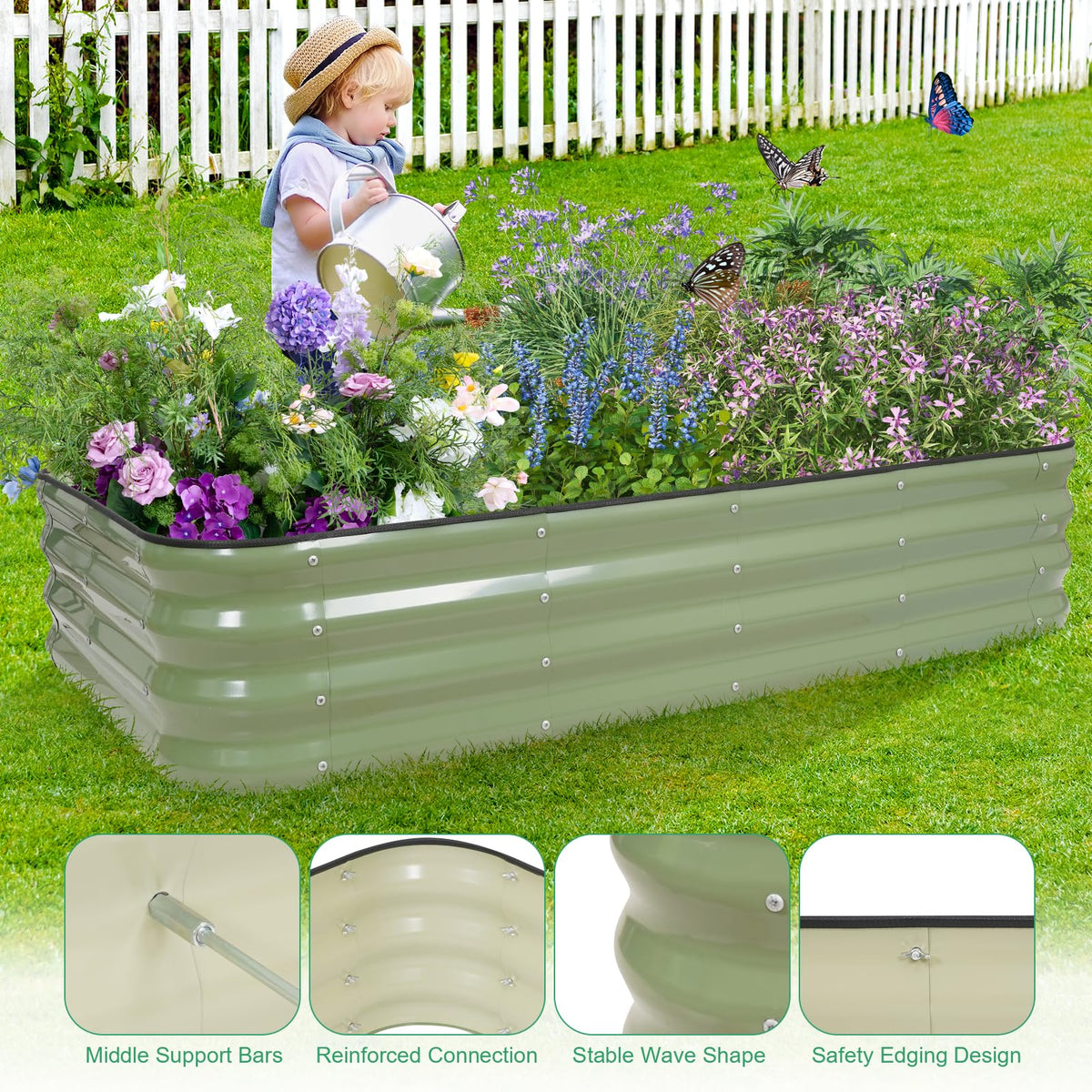 1MORE Raised Garden Bed -5X3X1 Galvanized Planter Box for Outdoor Gardening,4 in 1 Modular Raised Bed Kit with Protective Tape, Gloves for Herb,Ideal for Vegetables and Plants.Green-1Pack