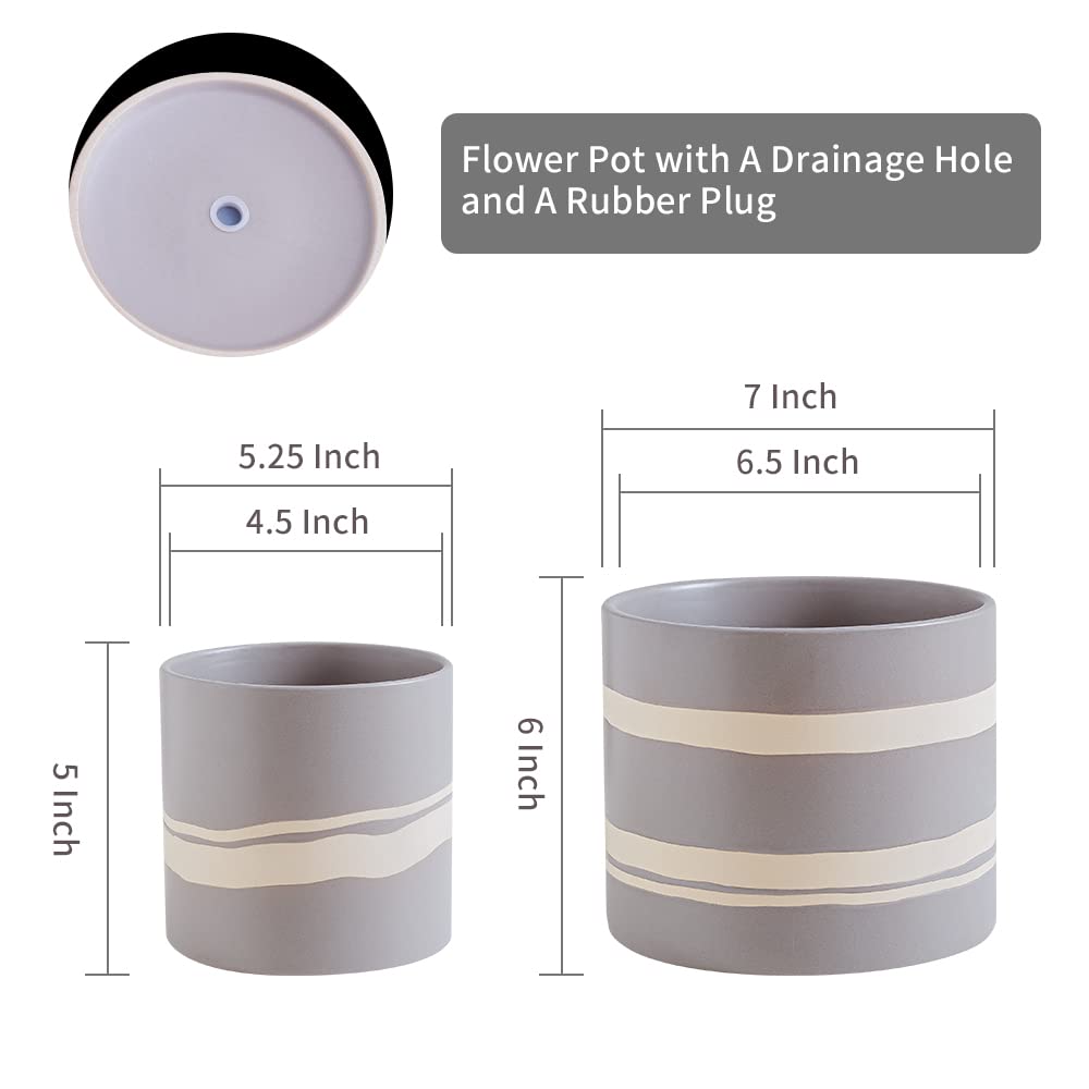 Nihow Modern Ceramic Plant Pot - 5 + 7 Inch Flower Pot for All Indoor Plants - Sturdy Planter Pots with Drainage Hole & Rubber Plugs - Semi-Matte Gray & Nature - Plants Not Included