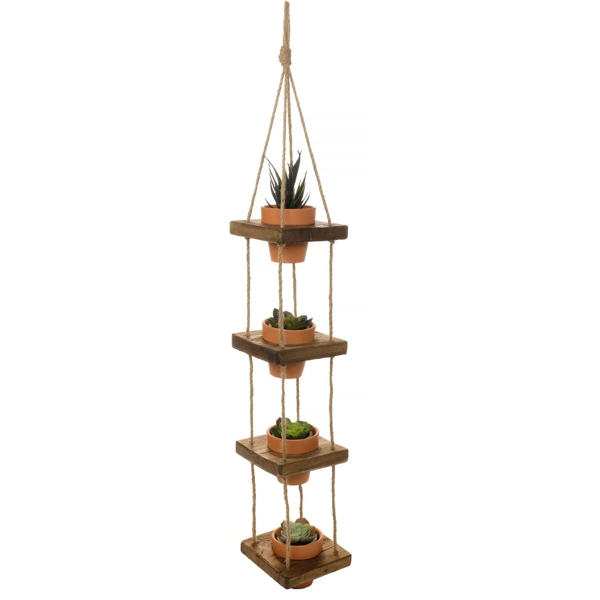 EXCELLO GLOBAL PRODUCTS Rustic 4-Tier Wooden Hanging Planter with Distressed Finish - Farmhouse Style. Comes with 4 Terracotta Pots, Ready for Hanging.