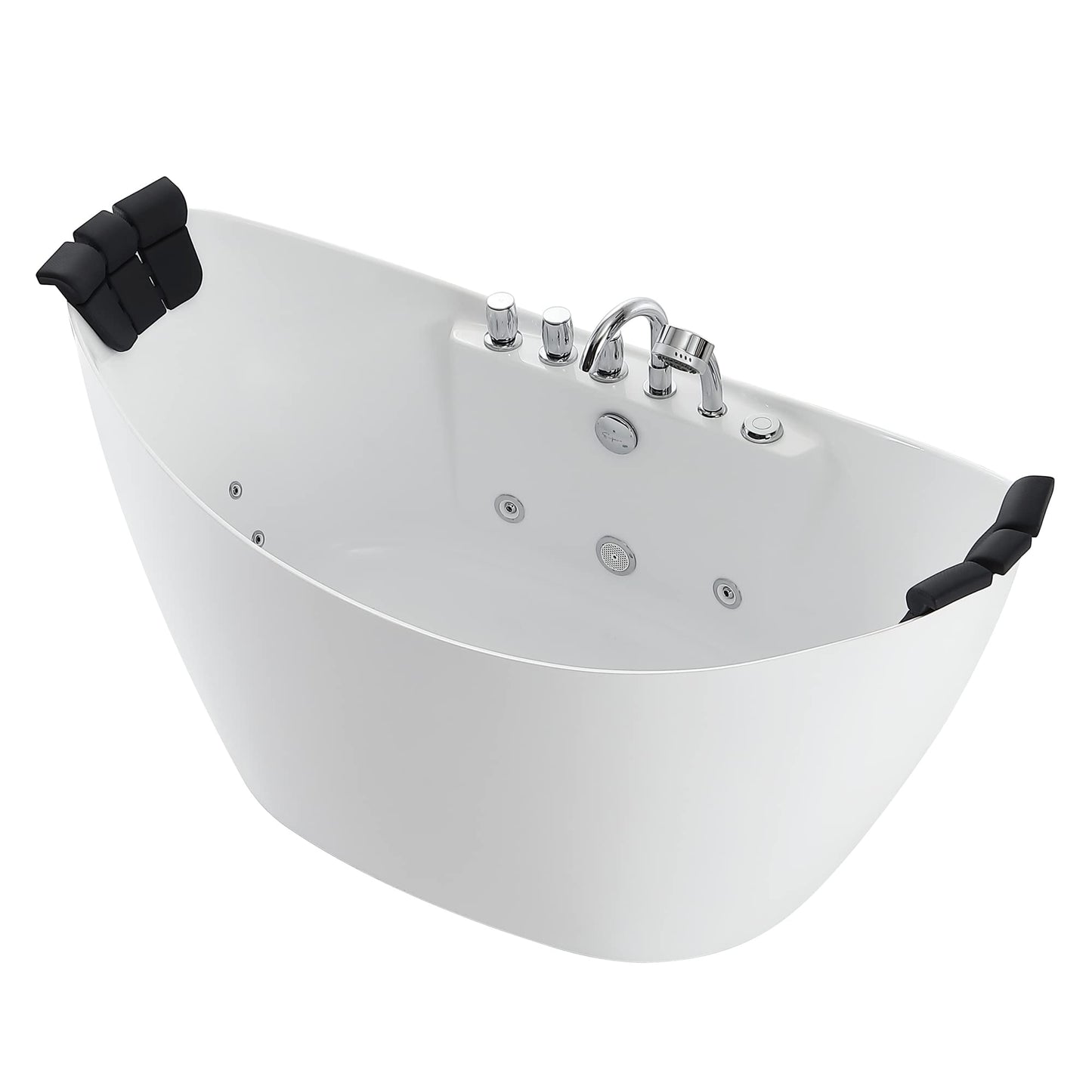Empava 68 in. Acrylic Freestanding Tub Hydromassage Gracefully Oval Shaped Whirlpool 8 Water Jets Soaking SPA, Double-Ended Massage Bathtub with 2 Black Pillows , White