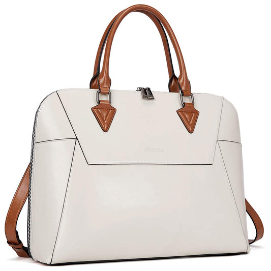 BOSTANTEN Briefcase for Women Leather 15.6 inch Laptop Shoulder Bag Office Work Crossbody Handbag Beige-White