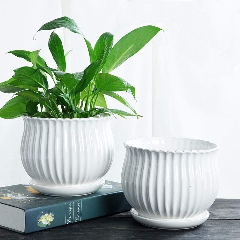 Yesland Ceramic Flower Plant Pots with Saucer, Set of 3 in Different Sizes, Modern Round Ceramic Succulent Planter Pots with White Stripe Texture for Garden
