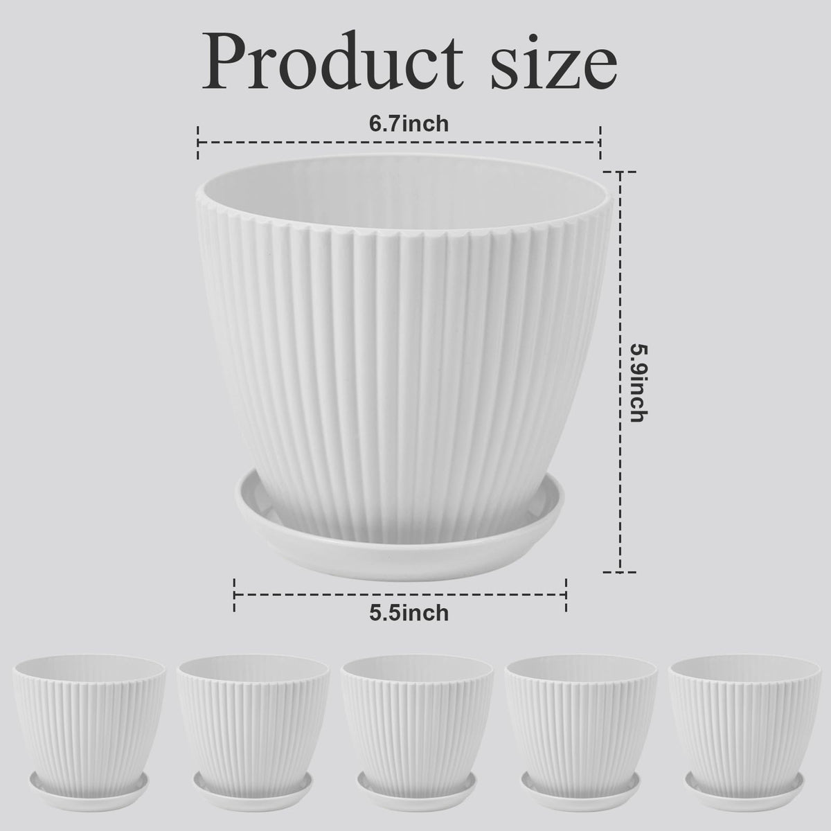 MUXINCAMP 7 Inch Large Plant Pots, 6 Pack Flower Pots with Drainage Hole and Tray Saucer Plastic Plant Pot for Outdoor Indoor House Plants and Flowers Herbs (White)