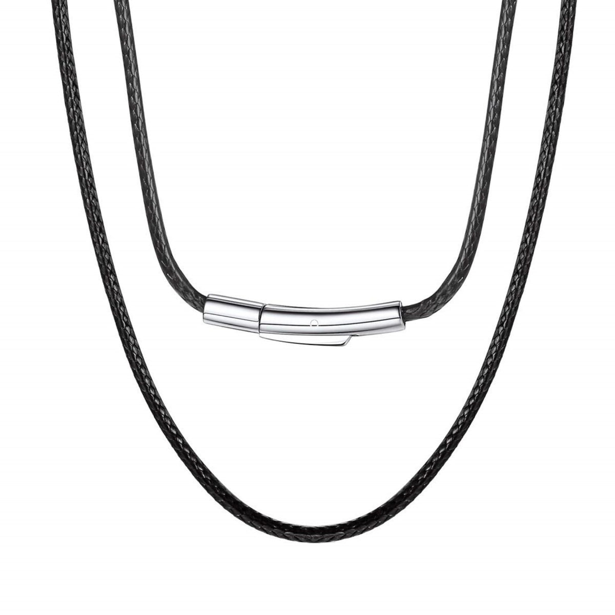 2mm Black Waterproof Braided Leather Cord Necklace with Durable Stainless Steel Snap Clasp Men Women Woven Wax String Rope Chain for DIY Pendant Length 18"