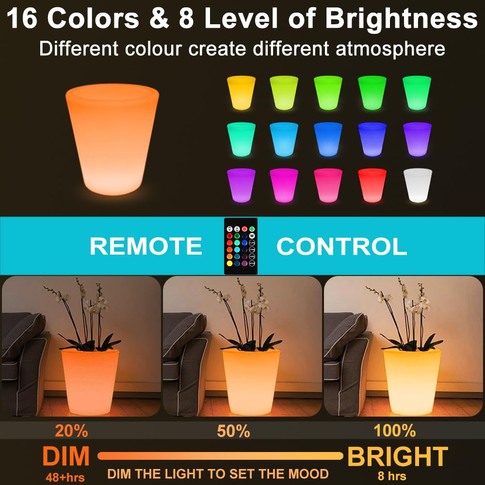 16-in Round LED Flower Pot Outdoor, Large Rechargeable LED Planter Light w/Remote, Dimmable RGB Color Changing Illuminated Planter, Modern Waterproof Light Up Plant Pot for Home Balcony Porch Yard