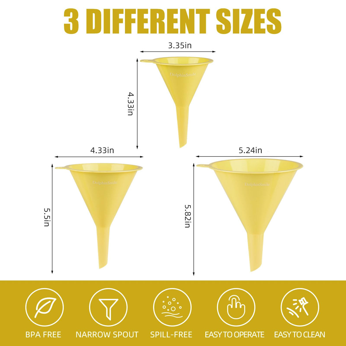 Plastic Kitchen Funnel Set of 3, Round Kitchen Funnels for Filling Bottles, Durable and Multifunctional Funnels for Filling Canning, Cooking, Lab or Car Oil (Milk Yellow)