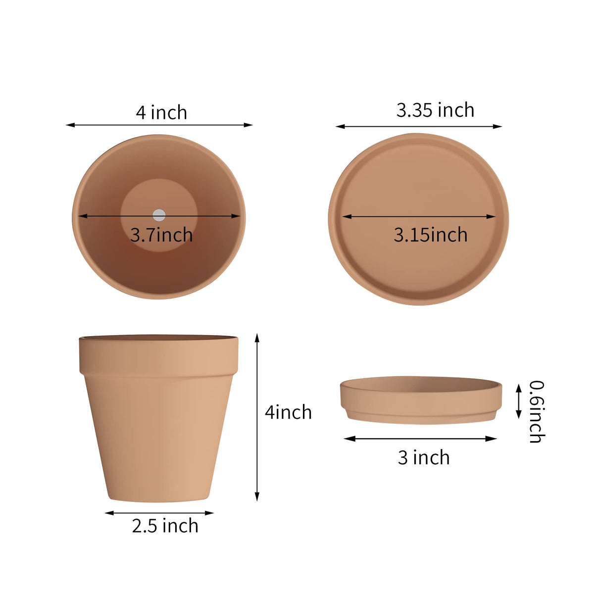 Fcacti 4 Inches Small Terracotta Pots with Saucer, 6 Pack 4" Terra Cotta Planter with Drainage Holes, Small Clay Flower Pots for Plants, Succulents, Crafts, Wedding Favor