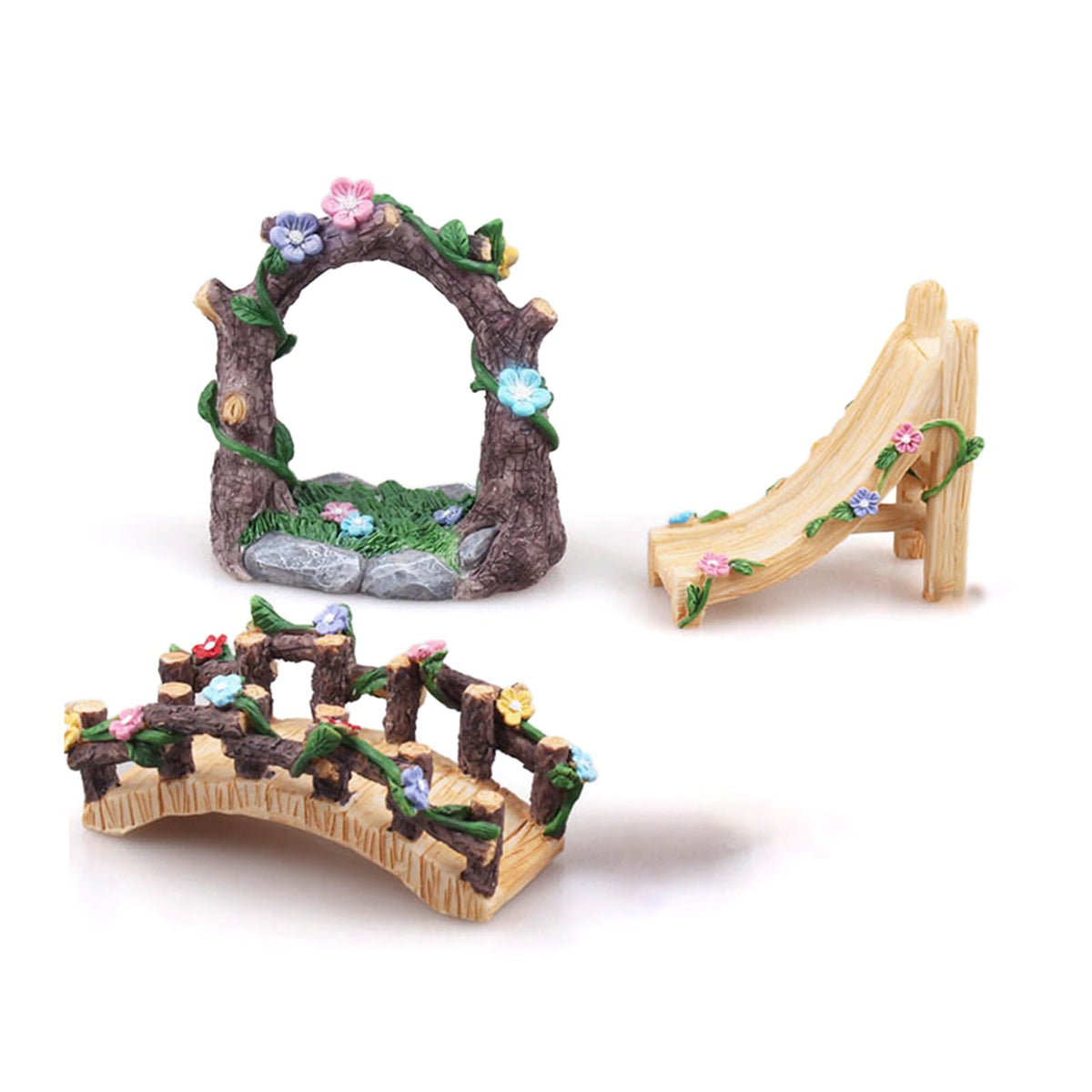 Kai Dream Miniature Fairy Garden Accessories Set, 3 Piece Resin Decorative Landscape Kit with Arch, Bridge and Slide, Floral Garden Ornaments