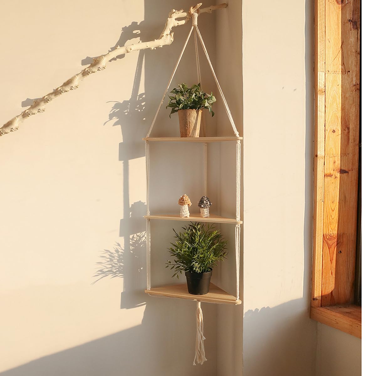 Artilady White Corner Floating Shelves Wall Hanging- Macrame 3 Tier Corner Shelf Plant Wall Decor Boho Rustic Wooden Storage Orgnizer for Bedroom Living Room Pots Photos