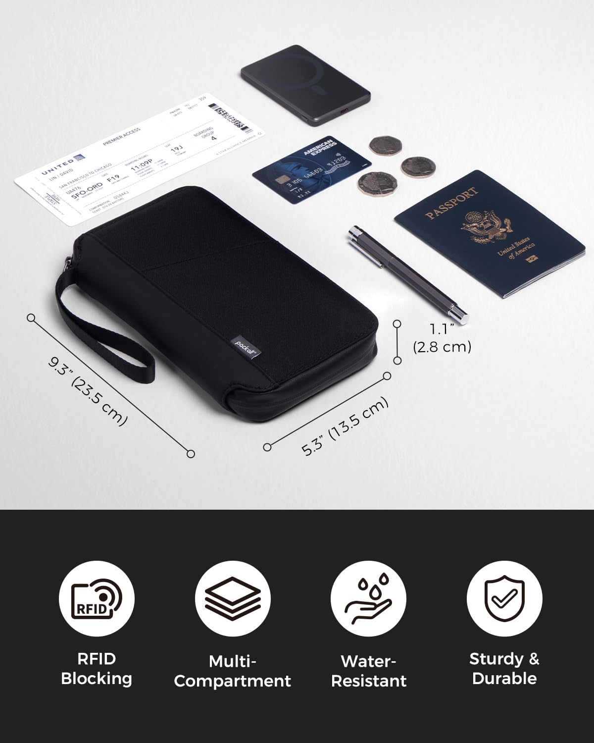 pack all Travel Passport Holder with RFID Blocker, Water-Resistant Passport Wallet with Wrist Strap, Multiple Family Airplane Document Organizer for Cards, Boarding Pass, ID, Cash, Tickets