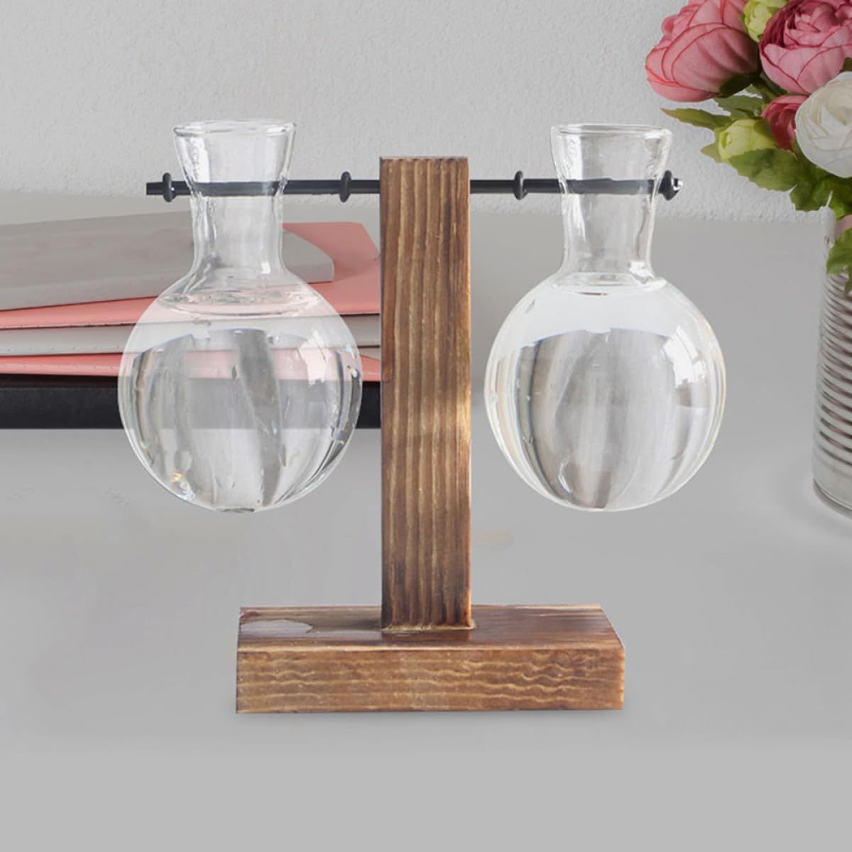 DRESSOOS 3pcs Glass Hydroponics Vase with Wooden Stand, High Borosilicate Plant Propagation Station for Desktop Terrarium and Home Garden Décor