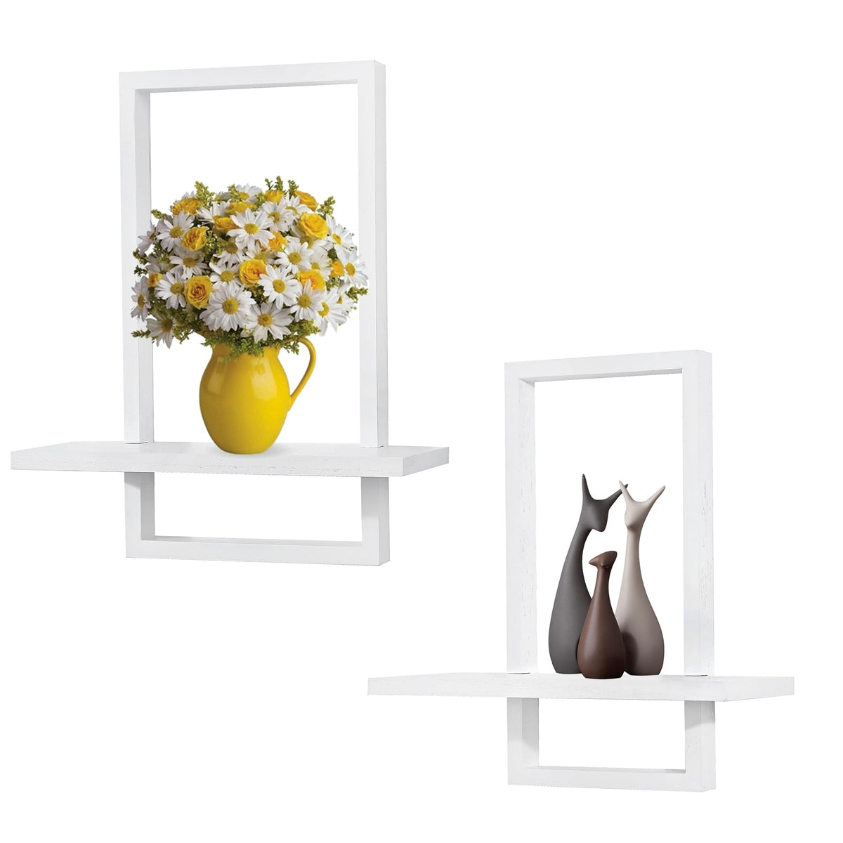 PHOENANCEE Square Wall Shelf,Framed Floating Shelves Set of 2,Decorative Plants Hanging Display Chic for Living Room Bedroom Bathroom Home Office,Soild Wood,L+S,White