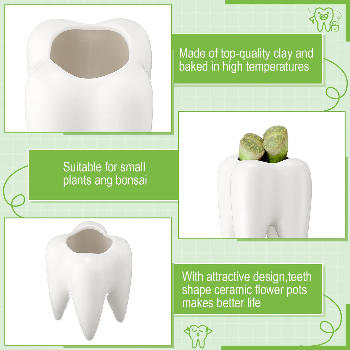 Tooth Shaped Flower Pot Dental Pots Ceramic Modern Style Teeth Pots White Cactus Bonsai Planter Container Small Cute Succulent Plant Pot for Dentists Gift Home Office Decoration, 3.9 Inch (14 Pcs)