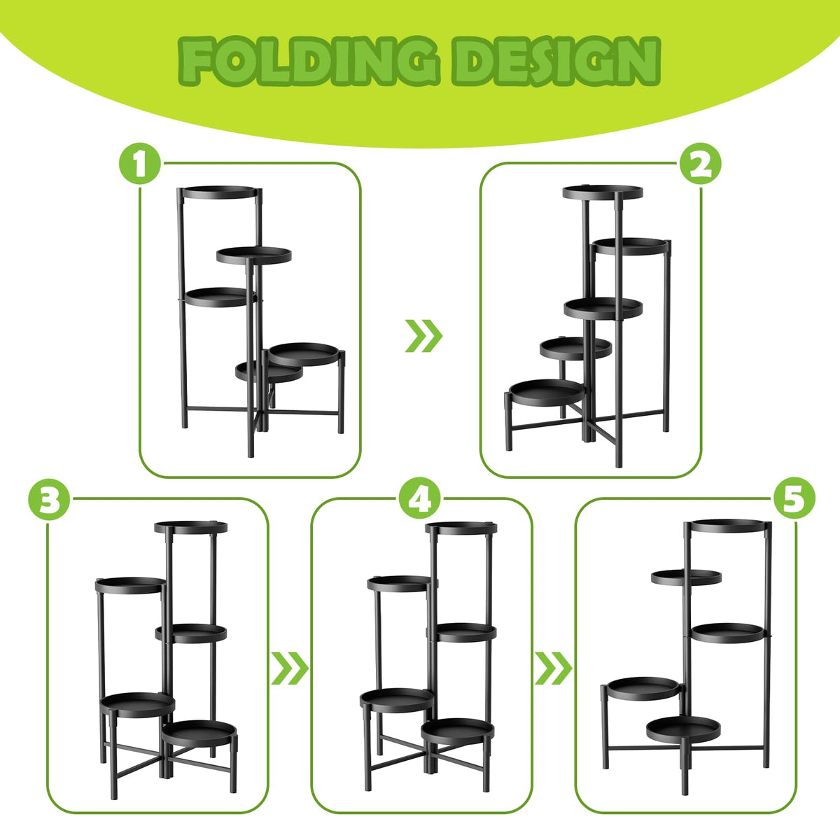 SparkByLiye 5 Tier Heavy Duty Metal Plant Stand for Indoor & Outdoor Use, Foldable Tall Corner Plant Shelf, Black Flower Pot Holder & Display Rack for Living Room, Balcony, Garden, & Patio