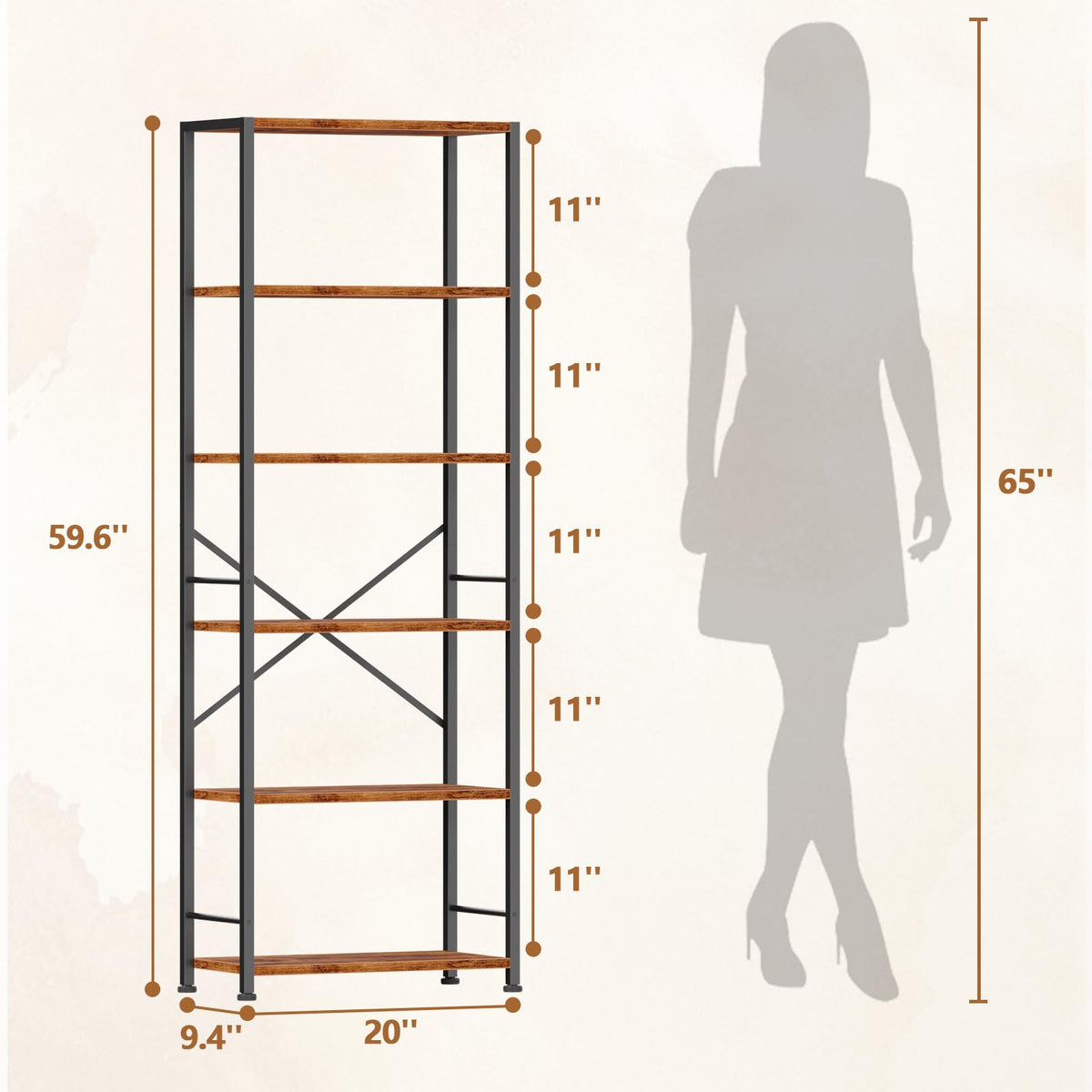 Furologee 6 Tier Book Shelf, Tall Wide Bookshelf, Industrial Open Bookcase, Display Shelves Storage Organizer, Shelving Unit for Living Room, Home Office, Bedroom, Rustic Brown