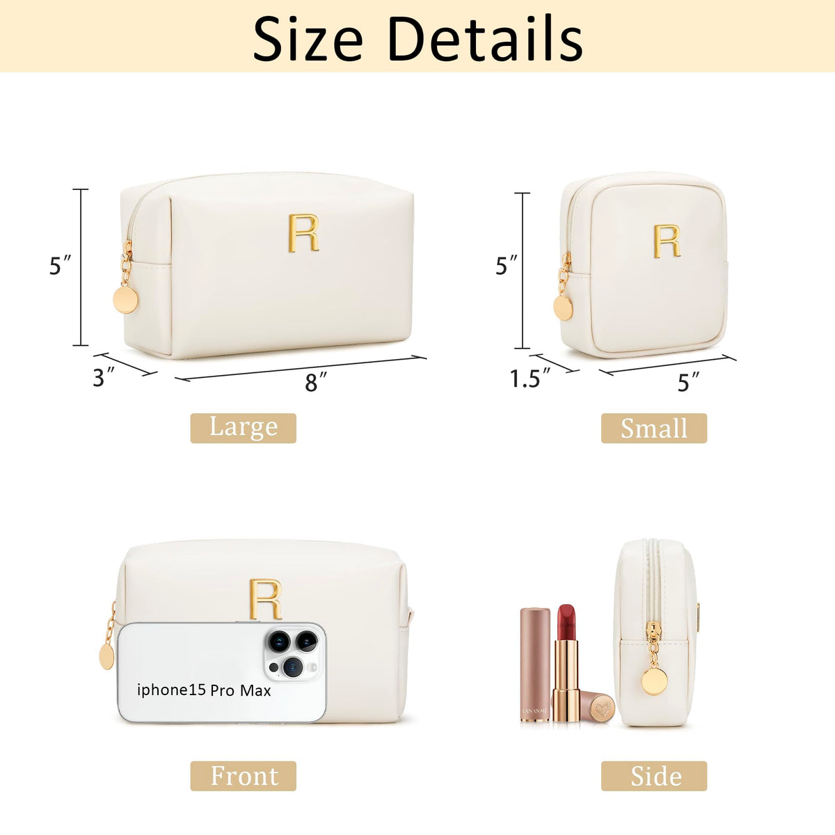 CLOUDWINGS Personalized Birthday Gifts for Women - Initial Makeup Bag Set Travel Toiletry Bag Cosmetic Bags Soft Waterproof PU Leather Makeup Pouch Travel Essentials (R, 2pcs Beige)