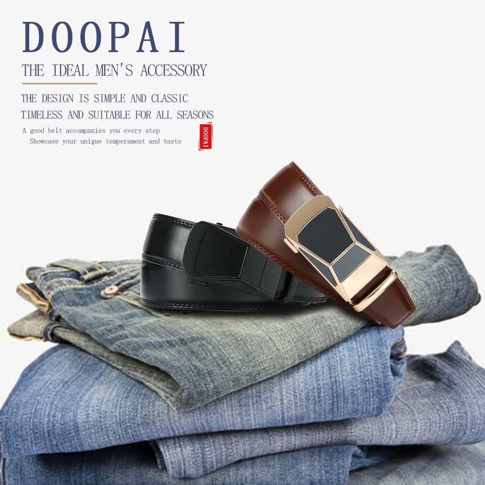 DOOPAI Men's Leather Ratchet Belts 2 Pack Adjustable Click Belt Set for Dress & Casual, Custom Fit 1 3/8" (35mm) -Trim to Fit