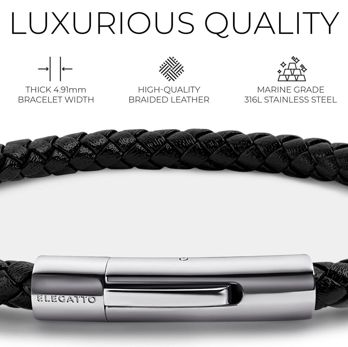 Elegatto Elagio Premium Braided Leather Bracelet for Men | Full-Grain Braided Leather with Sterling Silver Polished Stainless Steel Clasp | Men’s Designer Bracelets | Extra Large