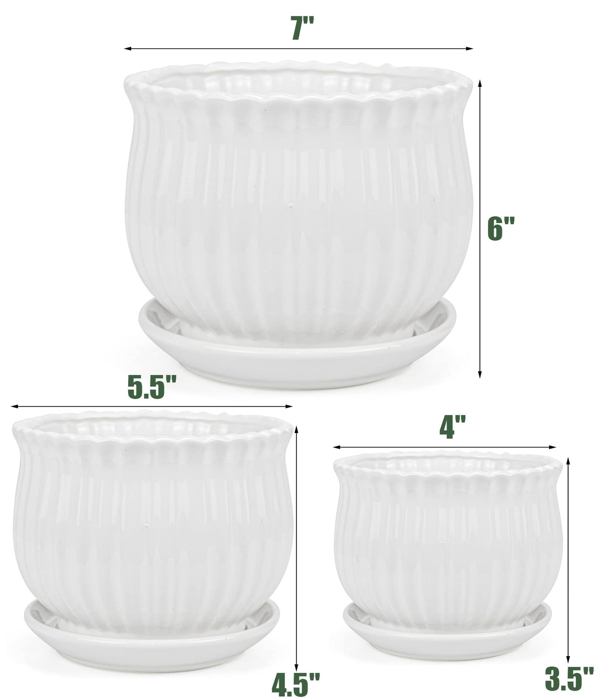 Yesland Ceramic Flower Plant Pots with Saucer, Set of 3 in Different Sizes, Modern Round Ceramic Succulent Planter Pots with White Stripe Texture for Garden