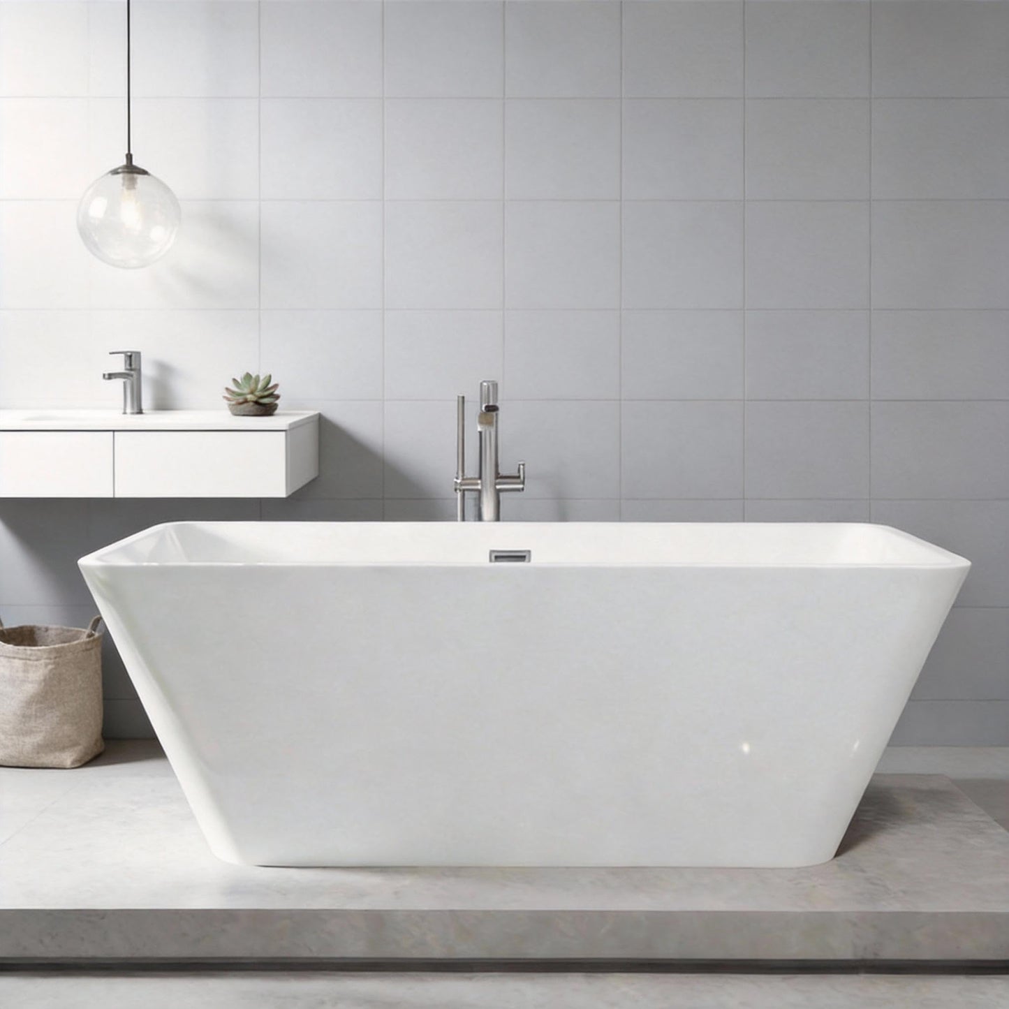 59" Freestanding Bathtub, Modern Soaking Bathtub, Freestanding Rectangular Tub with Non-Slip Base and Easy Drain, Deep Design for Adults, Ideal for Bathroom Relaxation, Chrome Drain, White
