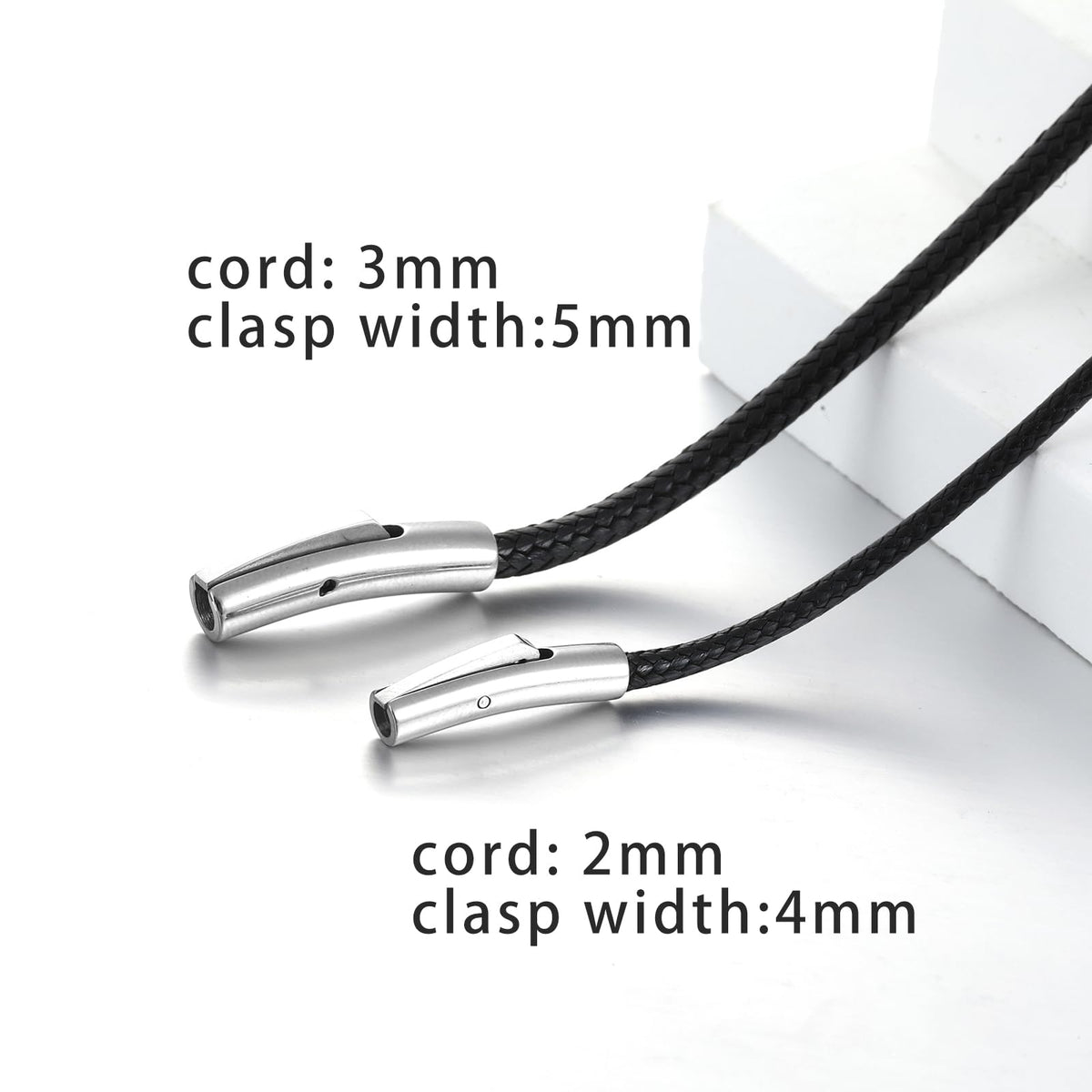 2mm Black Waterproof Braided Leather Cord Necklace with Durable Stainless Steel Snap Clasp Men Women Woven Wax String Rope Chain for DIY Pendant Length 18"