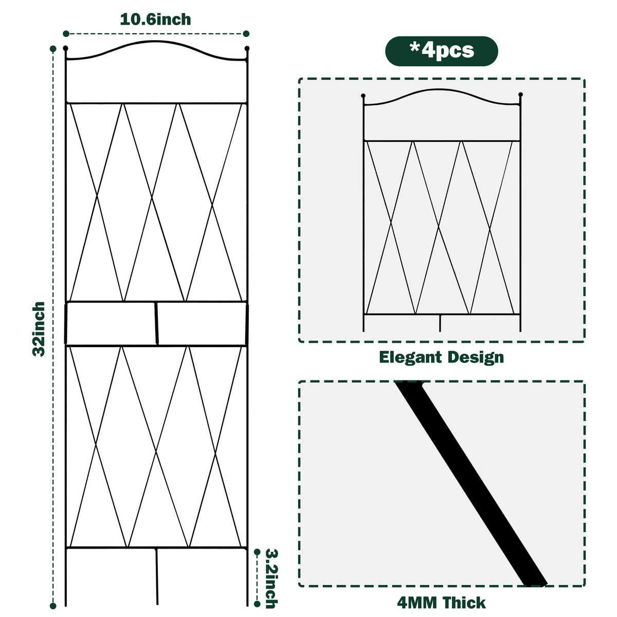 32 Inch Metal Plant Trellis for Climbing Plants, 4 Pack Garden Trellis, Decorative Support for Pothos, Monstera, Ivy, Flowers & Houseplants，Indoor & Outdoor