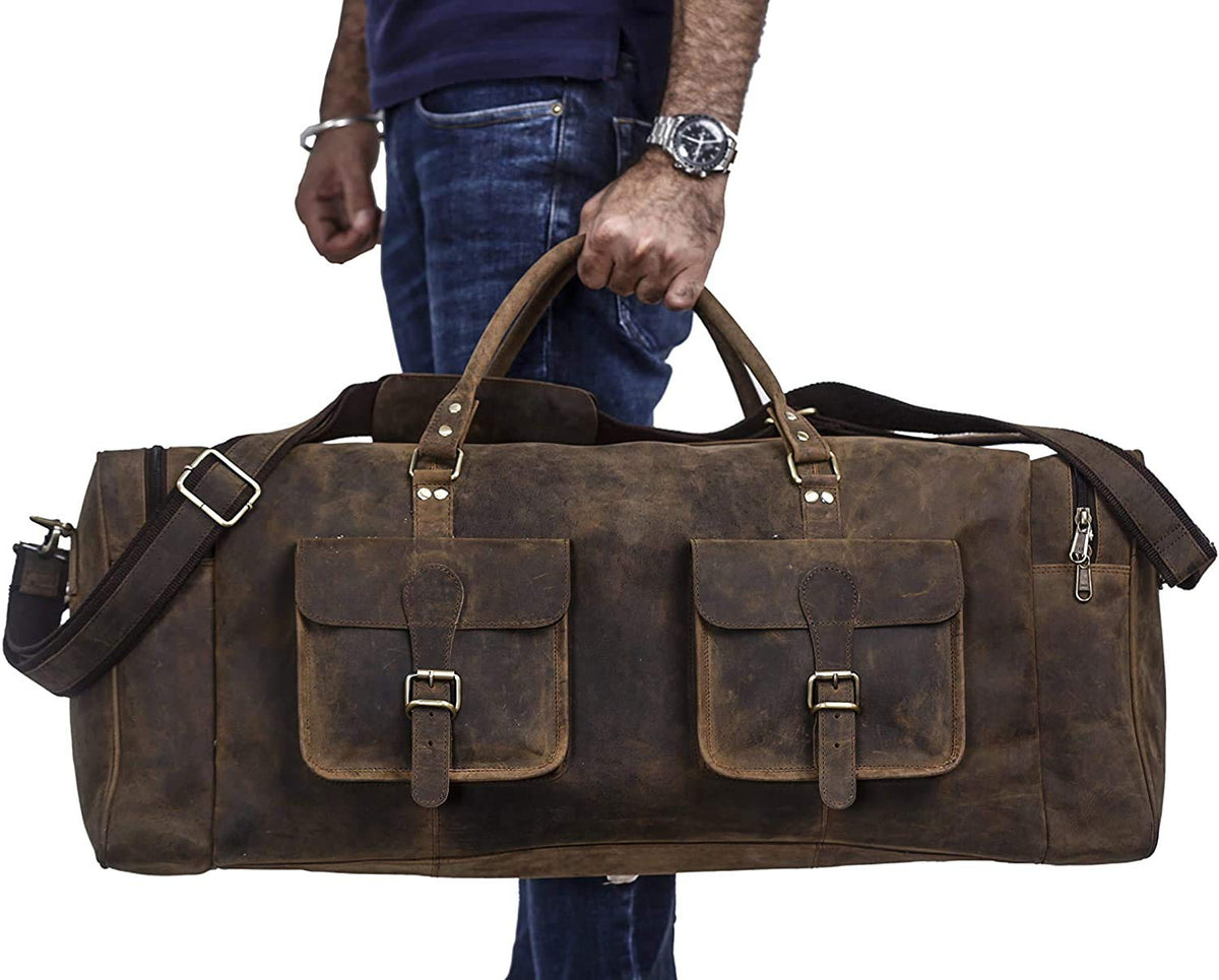 KomalC 28 inch Duffel Bag Travel Sports Overnight Weekend Leather Duffle Bag for Gym Sports Cabin Holdall bag (Distressed Brown)