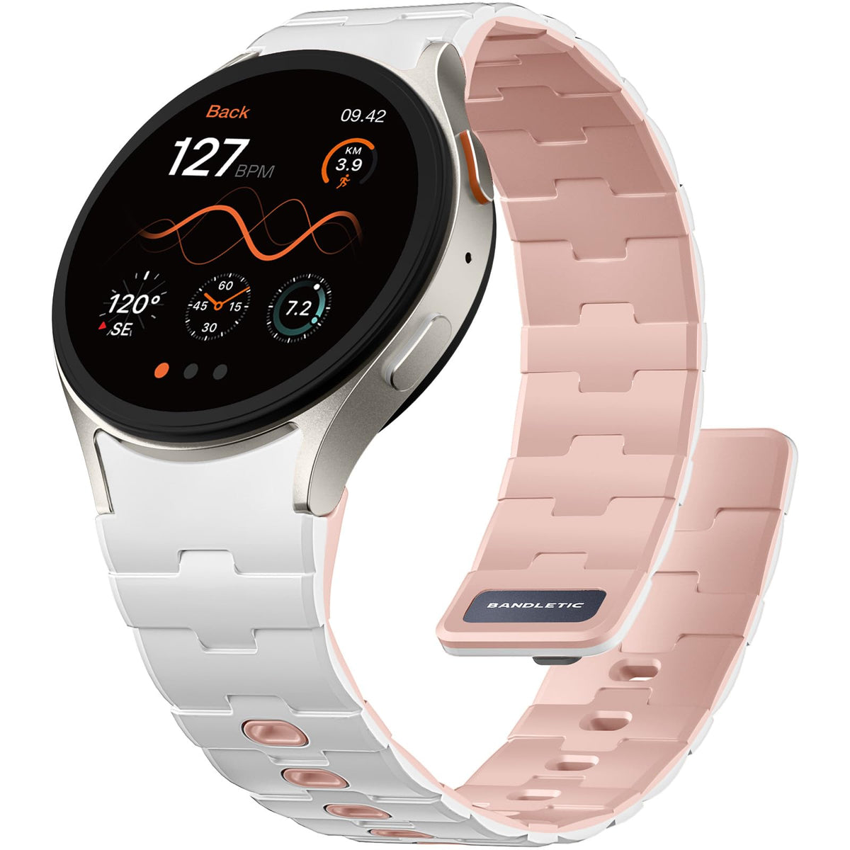 Bandletic No Gap Band Compatible With Galaxy Watch 6 band - Magnetic Silicone Band for Samsung Watch 7 5 4 FE 40mm 44mm/for Galaxy Watch 6 4 Classic 43mm 47mm 42mm 46mm/Watch 5 Pro 45mm, White/Pink